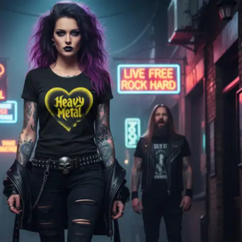 Frau vor einer Hard-Rock-Bar trägt ein Premium Rock T-Shirt für Frauen mit Heavy-Metal-Herz-Design.