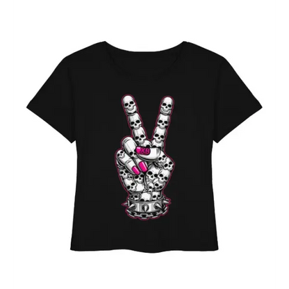 Rock T-Shirt für Frauen mit Druck einer Hand aus Totenköpfen, die das Friedenssymbol macht.