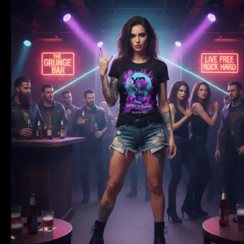 Frau in Rock-Bar trägt ein Premium Rock T-Shirt für Frauen mit energetischem Design.