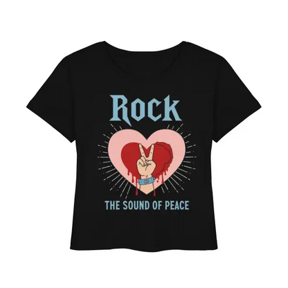 Rock T-Shirt für Frauen mit komplexem  Druck einer Hand, die das Friedenssymbol macht sowie Herzen.