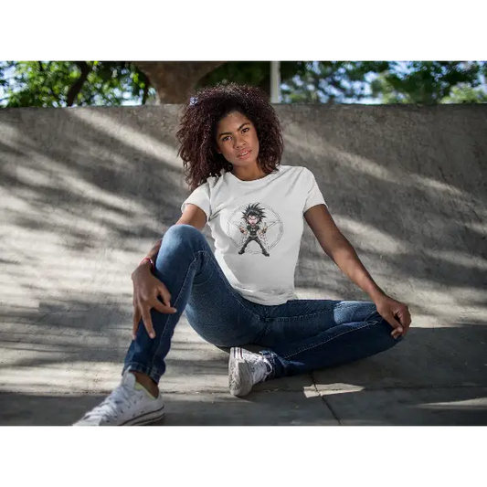 Model trägt Rock T-Shirt für Frauen mit komplexem Design-Stinky-Finger und einem Stern.