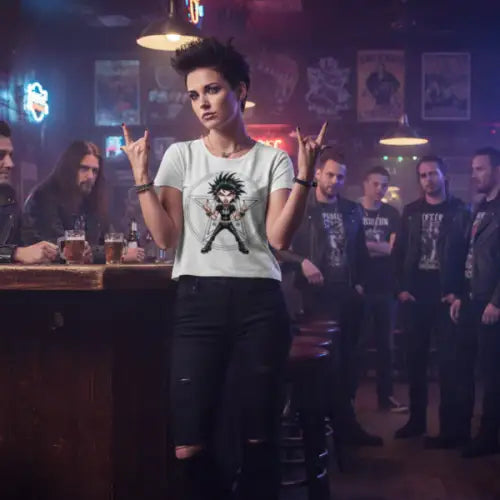 Bedienung in Kneipe trägt ein Premium Rock T-Shirt für Frauen mi Design-Stinky Finger