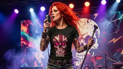 Rothaarige Rock Sängerin trägt Premium Rock T-Shirt aus 100% Bio-Baumwolle mit komplexem Skull-Design.
