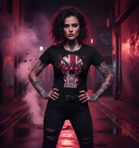 Frau in einer Gasse in der Nacht, trägt ein Premium Rock T-Shirt für Frauen mir komplexem Skull-Design.