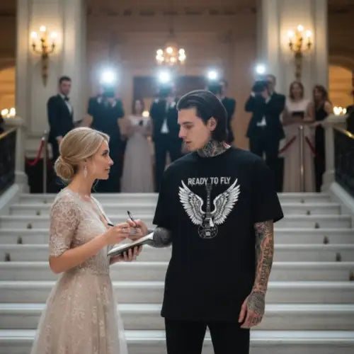 Ein Rockstar gibt ein Autogramm. Er trägt ein Premium Rock T-Shirt für Männer mit Ready To Fly-Design