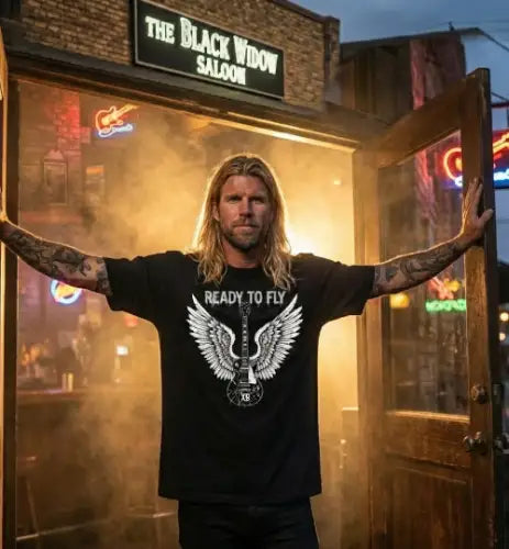 Mann im Eingang einer Bar trägt ein Premium Rock T-Shirt mit Flügel Design.