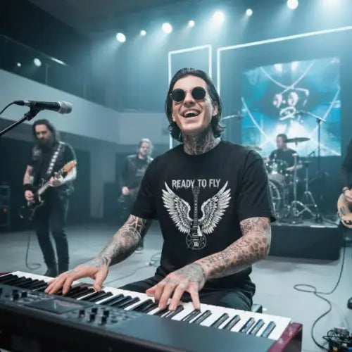 Mann auf Bühne spielt Keyboard und trägt ein Premium Rock T-Shirt für Männer mit exklusivem Design-Ascendant Axe.