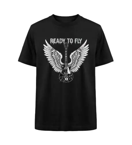 Schwarzes Premium Rock T-Shirt für Männer mit weißem READY TO FLY-Gitarren-Flügel-Design.