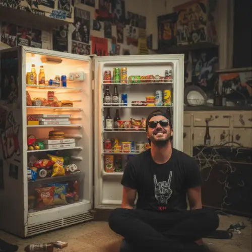 Mann sitzt zufrieden vor seinem vollen Kühlschrank und trägt ein Premium Rock -Shirt für Männer mit Hand-Skull-Design.