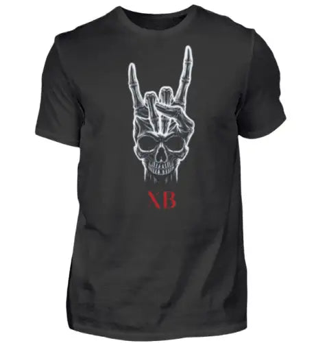  Premium Rock T-Shirt für Männer mit Skull der zur Hand wird.