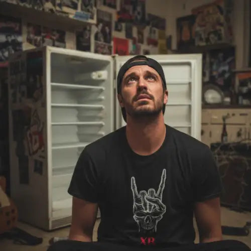 Mann sitzt vor leerem Kühlschrank und trägt ein Premium Rock T-Shirt für Männer mit komplexem Skull-Design.