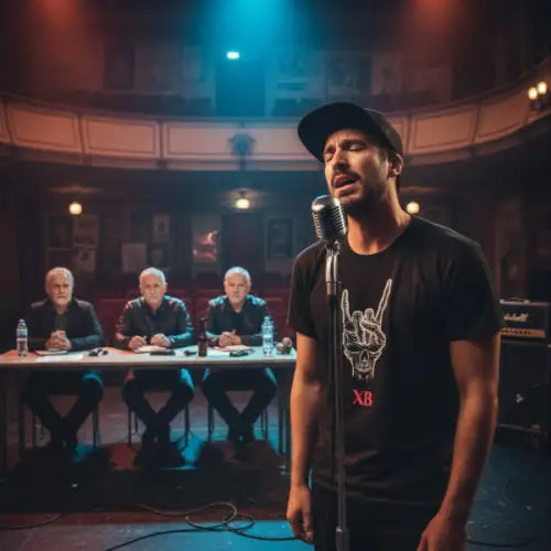 Mann singt vor Jury und trägt ein Premium Rock T-Shirt für Männer mit komplexem Skull-Devilshorn-Hand-Design.