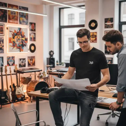 Mann in Musik-Agentur trägt ein Premium Rock T-Shirt für Männer mit dezentem Rock-Design-XB.