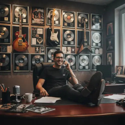 Boss einer Agentur trägt ein Premium Rock T-Shirt für Männer mit diskretem Design.