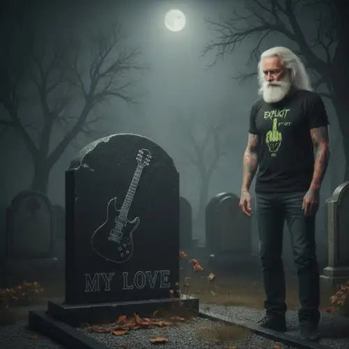 Mann steht am Grab seiner Frau und trägt ein Premium Rock T-Shirt für Männer mit Design-Explicit F..Off.