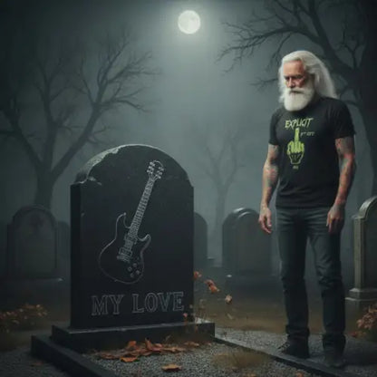 Mann steht am Grab seiner Frau und trägt ein Premium Rock T-Shirt für Männer mit Design-Explicit F..Off.