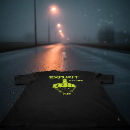 Premium Rock T-Shirt für Männer mit provokantem Stinkefinger-Design liegt auf der Strasse. 