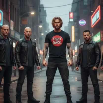 Ein Mann umgeben von einer Gang auf der Strasse, trägt ein Premium Rock T-Shirt für Männer mit hochwertigem Design-Fight Back.