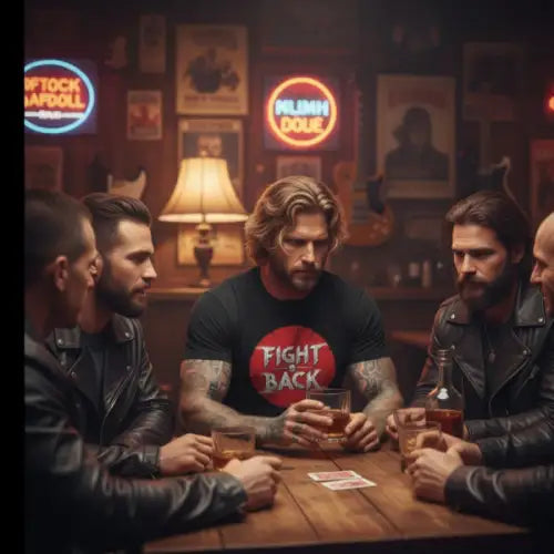 Männer trinken und spielen, einer von ihnen trägt ein Premium Rock T-Shirt für Männer mit sehr auffälligem Fight-Design.