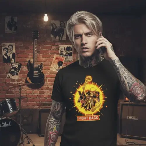 Mann telefoniert im Probenraum und trägt ein Premium Rock T-Shirt für Männer mit leuchtendem komplexen Fight-Back-Design.