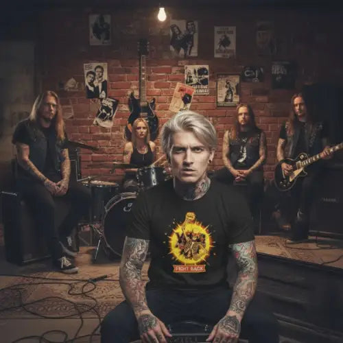 Mann im Probenraum einer Rockband. Er trägt ein komplexes Premium Rock T-Shirt für Männer.