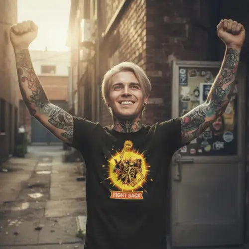 Junger Mann jubelt und trägt ein Premium Rock T-Shirt für Männer mit Skull-Fight Back-Design.