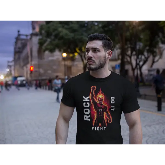 Model trägt ein Rock T-Shirt für Männer mit kämpferischem Rock-Do it-Fight-Design.