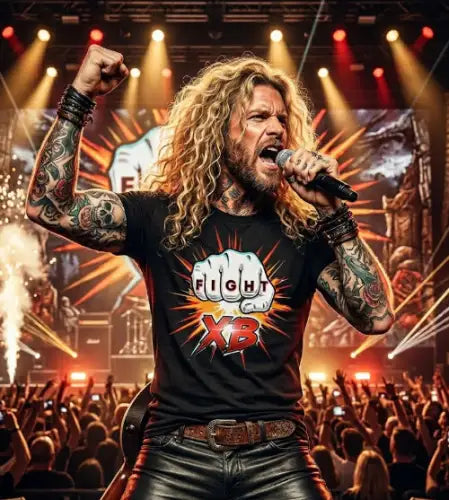 Rockstar auf Bühne trägt Premium Rock T-Shirt mit Faust-Fight Design.