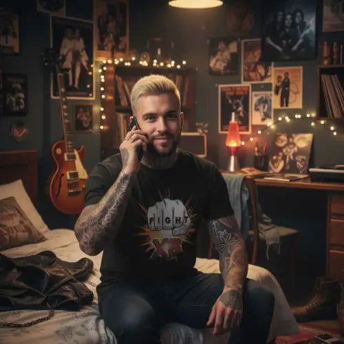Ein Rocker sitzt auf seinem Bett und telefoniert. Er trägt ein Premium Rock T-Shirt für Männer mit hochwertigem Fight-Design.