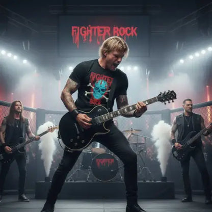 Rockstar spielt in einem Fight-Ring Gitarre und trägt ein Premium Rock T-Shirt für Männer mit Fighter-Skull-Design.