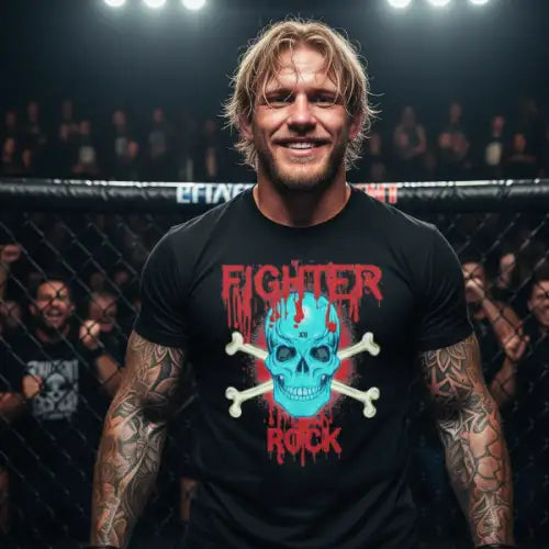 Mann bei Ultimate-Fight trägt ein Premium Rock T-Shirt für Männer mit Fight-Rock-Design.