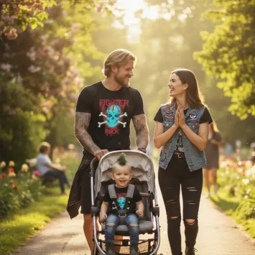 Ein Paar läuft mit Kinderwagen durch Park und er trägt ein Premium Rock T-Shirt für Männer mit auffälligem Fighter-Rock-Design.