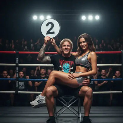 Rockiger Kämpfer hat Nummern-Girl auf dem Schoss und trägt ein Premium Rock T-Shirt für Männer mit Kämpfer Design.