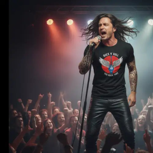 Mann singt auf Bühne und trägt ein  Premium Rock T-Shirt für Männer mit Flying Guitar-Design.