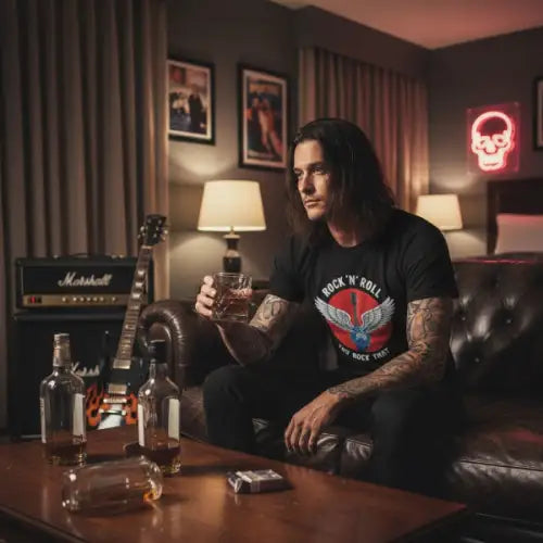 Rocker sitzt auf Leder-Sofa und trägt Premium Rock T-Shirt für Männer mit hochwertigem Rock-Design.