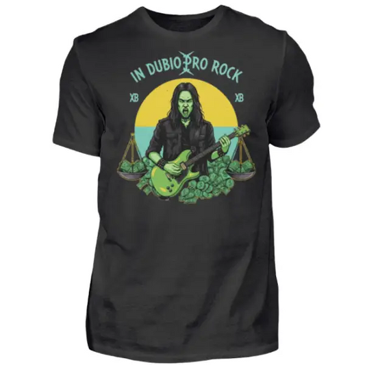 Rock T-Shirt für Männer mit Druck, In Dubio Pro Rock. Ein Rockstar mit Waage voller Geld.
