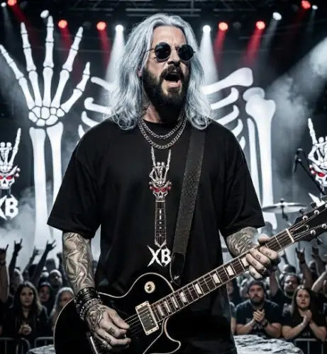 Rockstar auf einer Bühne mit Publikum trägt ein Premium Rock T-Shirt mit komplexem Gitarre-Pommesgabel Design.