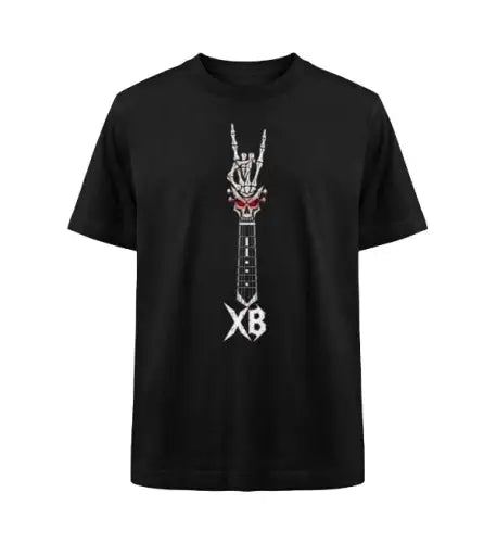 Schwarzes Premium Rock T-Shirt für Männer mit komplexem weiß-rotem Gitarren-Skull-XB-Design.