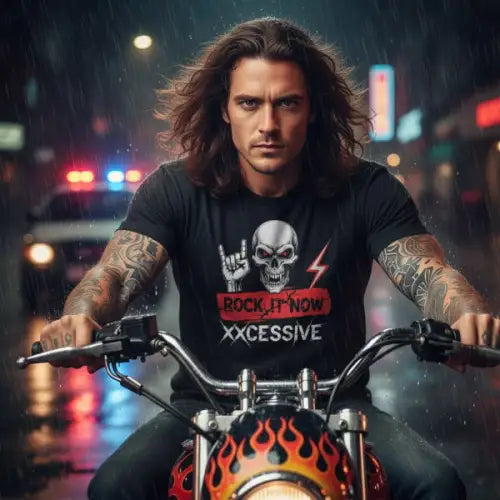 Mann flüchtet vor Polizei und trägt ein  Premium Rock T-Shirt für Männer mit Rock-Skull-Design.