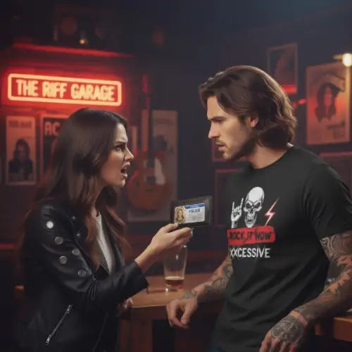 Zivil-Polizei zeigt Mann mit Premium Rock T-Shirt für Männer im Rock It Now-Design den Dienstausweis.