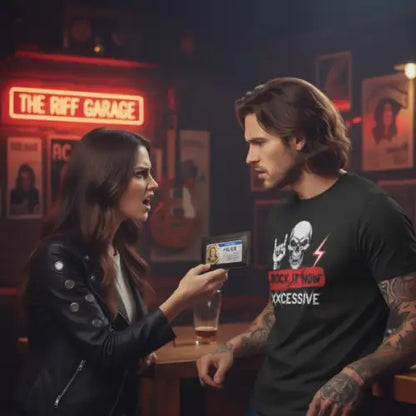 Zivil-Polizei zeigt Mann mit Premium Rock T-Shirt für Männer im Rock It Now-Design den Dienstausweis.