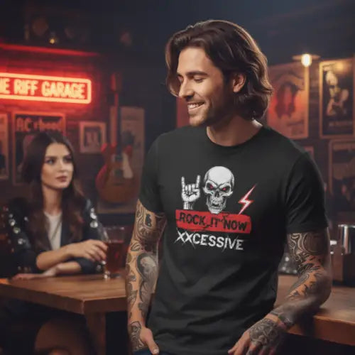 Mann in Bar trägt Premium Rock T-Shirt für Männer mit Rock It Now-Design.