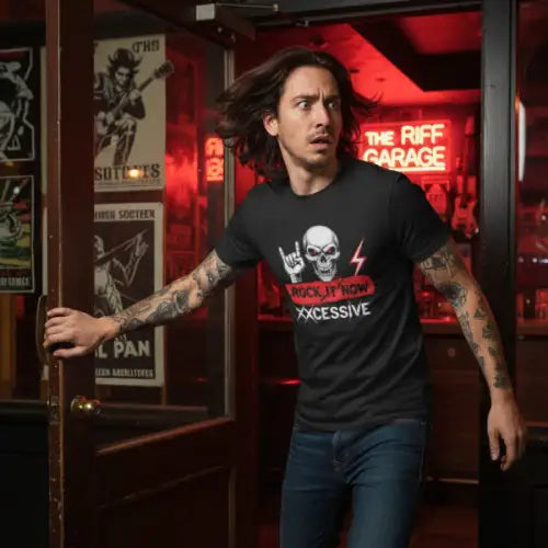 Mann flüchtet vor Polizei und trägt dabei ein Premium Rock T-Shirt für Männer mit auffälligem Skull-Design.