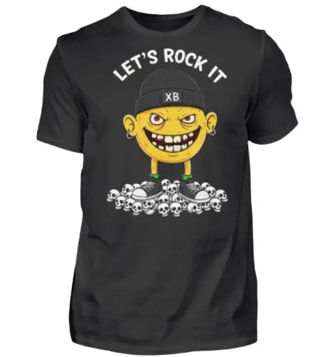 Premium Rock T-Shirt für Männer mit hochwertigem Druck, Smiley mit Mütze auf Totenköpfen stehend.