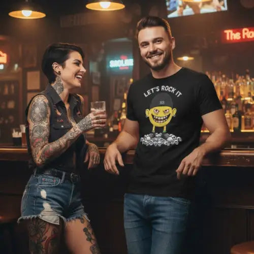 Mann mit Frau an Bar trägt ein Premium Rock T-Shirt für Männer mit-Lets Rock It-Design.