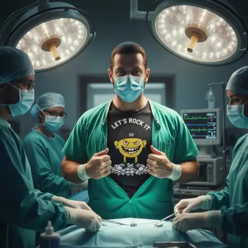 Arzt im OP-Saal zeigt sein Premium Rock T-Shirt für Männer-Design-Lets Rock It.