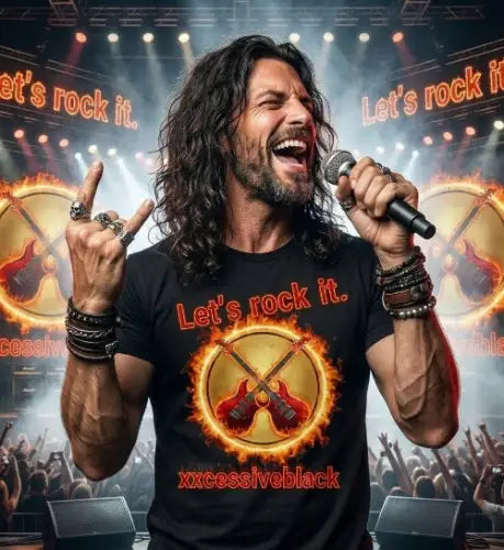 Rocksänger trägt hochwertiges Premium Rock T-Shirt mit komplexem Gitarren Design.