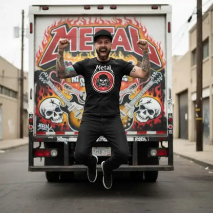 Mann macht Luftsprung und trägt ein Premium Rock T-Shirt für Männer mit Metal Design.