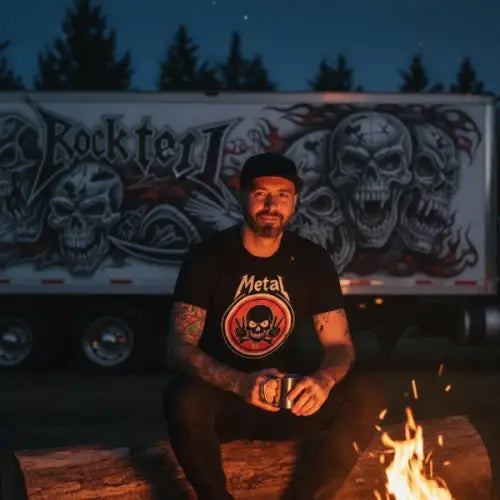 Mann am Lagerfeuer trägt ein Premium Rock T-Shirt für Männer mit Metal-Design.
