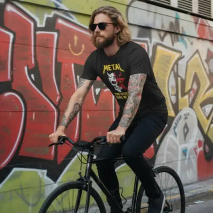 Mann auf Fahrrad trägt Premium Rock T-Shirt für Männer mit Metal-Design.